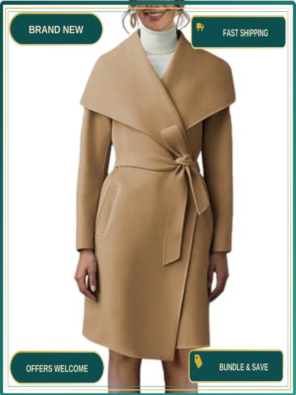 Women's Pea Trench Coat Lapel Collar Long Belted Overcoat Pockets